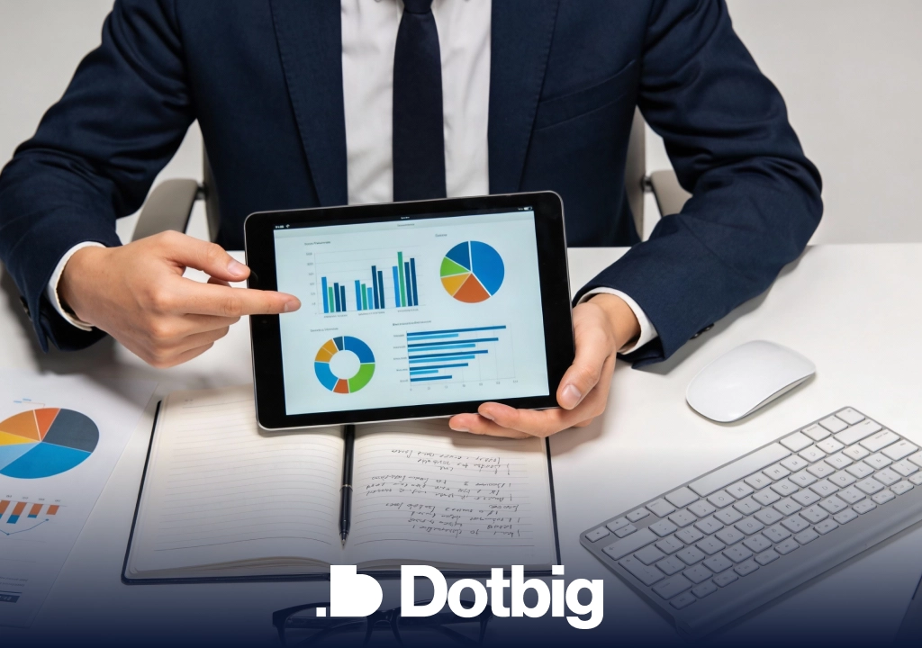 Специалист Dotbig просматривает финансовую статистику на планшете.