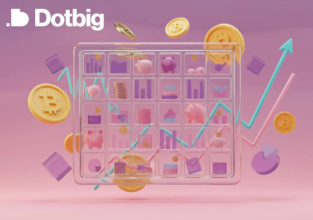 Dotbig – 3D financial dashboard with cryptocurrency coins, piggy banks, and upward growth charts