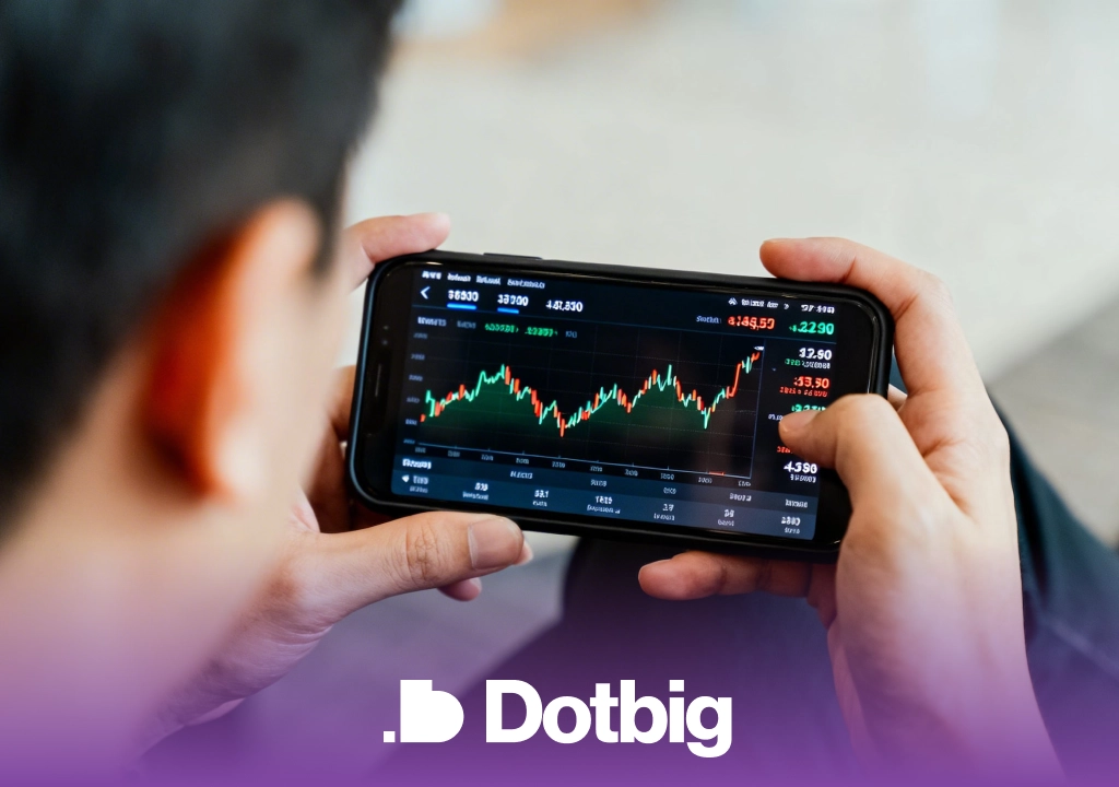DotBig mobile trading app showing live market charts on a smartphone